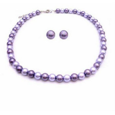 NS826 Prom Jewelry Stud Earrings Lilac & Purple Pearls Necklace Set