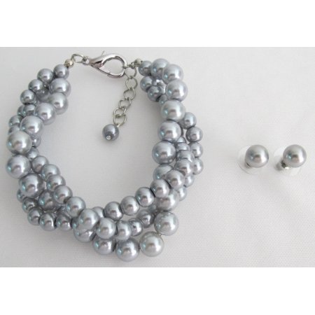 TB1149 Wedding Set Bridesmaid Jewelry 3 Strand Gray Pearl Bracelet Stud Earrings