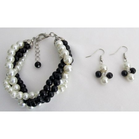 TB1144 Twisted Cluster 4 Strand Bracelet & Earrings Black Ivory Pearl Bracelet