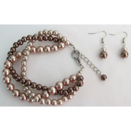 TB1133 Unbeaten Price Wedding Jewelry Twisted Pearl Mocha Three Strand Bracelet Earrings Set
