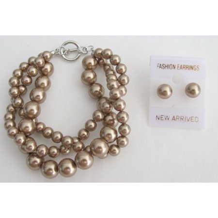 TB1174 Swarovski Bronze Crystal Pearl 3 Strand Bracelet Matching Stud Earrings Bridal Wear