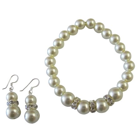 TB1071 Breathtaking Wedding Jewelry In Cream Pearl Bracelet Earrings Set