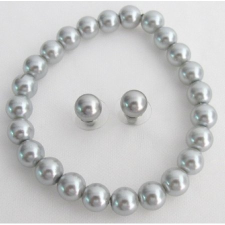 TB1134 Classy Gray Pearls Stretchable Bracelet Stud Earrings School Jewelry