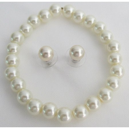 TB1135 Classic Pearl Stretchable Bracelet Ivory Pearl Stud Earrings