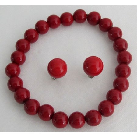 TB1128 Enticing Red Jewelry Stretchable Bracelet Stud Earrings Dance Jewelry