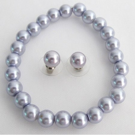 TB1132 Stretchable Bracelet Stud Earrings Lavender Pearls Excellent Wedding Jewelry