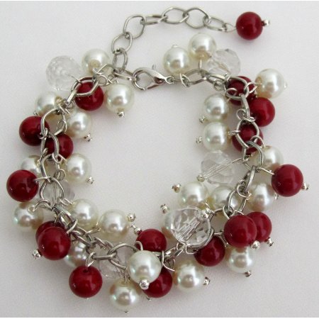 TB1176 Christmas Holiday Wear Red Ivory Pearls Cluster Bracelet With Clear Crystals