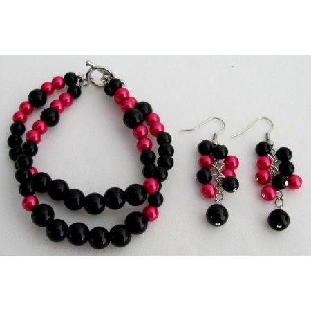 TB1121 Gorgeous Magenta Black Pearls Bracelet Earrings Set