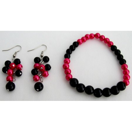TB1122 Stunning Stretchable Brcelet Grape Earrings Magenta Black Pearls