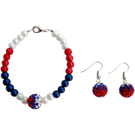 TB1120 July Patriotic Bracelet Military Mom Jewelry Red White Blue And Pave Ball