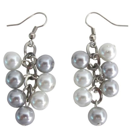 UER717 Cluster Earrings Bridesmaid Silver Gray Pearl Earrings With White Pearl Wedding Earrings