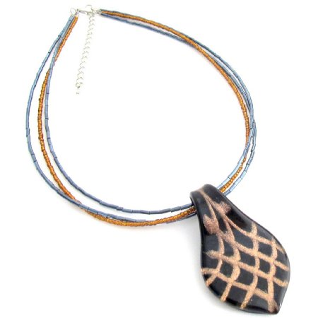 N1103 Black Glass Pendant Necklace 3 Strand Seed Beads Necklace