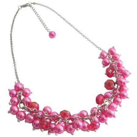 N1081 Hot Pink Cluster Necklace Set Gorgeous Wedding Gift Chunky Cluster