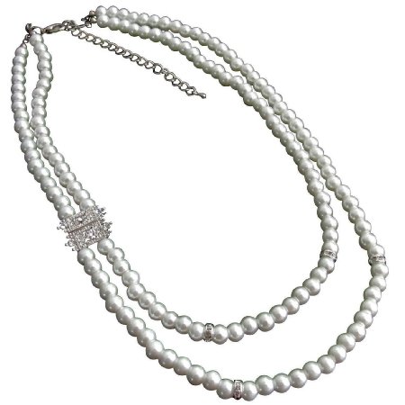 N1090 White Pearls Necklace Rhinestones Spacer On Side Bridal Necklace