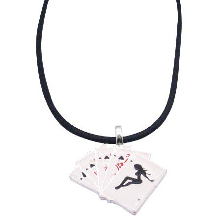 UNE162 Cards Pendant w/ Playing Cards Pendant in Black Chord
