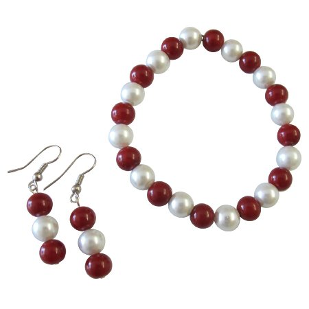 UBR295 Handmade Christmas Gift White Coral Pearls Bracelet Earrings Set
