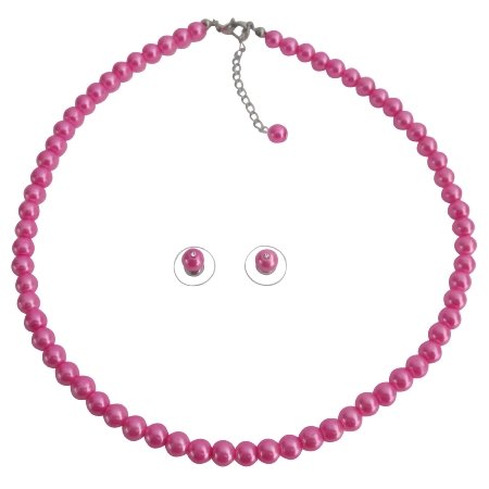 UNS078 Jewelry Maid Or Matron of Honor Hot Pink Pearls Necklace Stud Earrings