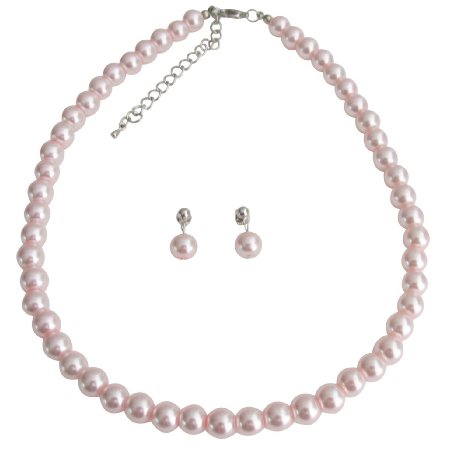 NS1380 Pink Pearl Wedding Necklace With Surgical Post Earrings