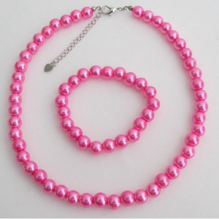 NS1425 Hot Pink Flower Girl Jewelry Set Pearl Necklace And Stretchable Bracelet