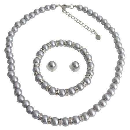 NS1392 Silver Pearl Wedding Jewelry Necklace Stud Earrings Stretchable Bracelet