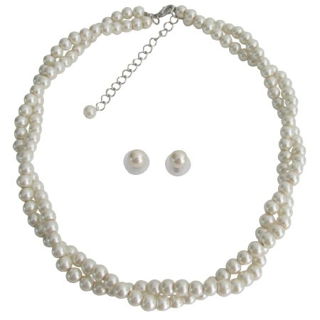 NS1369 Ivory Pearl Necklace Graduation Prom Twisted Pearl Necklace Stud Earrings