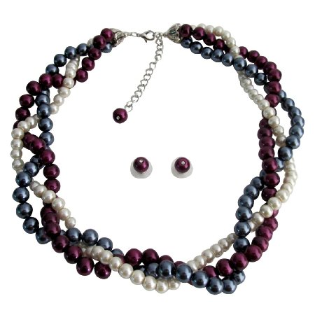 NS1372 Twisted Statement Necklace Gray Ivory Purple Pearls Wedding Bridesmaid Necklace Set