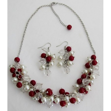 NS1419 Christmas Necklace Red Ivory Pearls Clusters Necklace Earrings Set