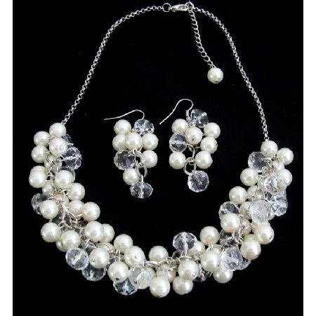 NS1355 Clusters Of Ivory Pearls And Clear Crystals Elegant Bridal Jewelry