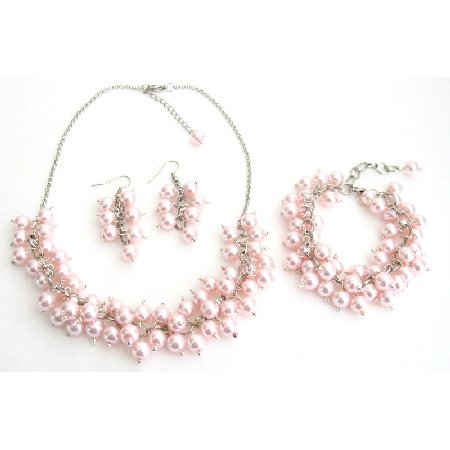 NS1304 Bridal Set Chunky Pearl Soft Pink Pearls Necklace Earrings Bracelet Wedding Gift