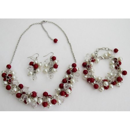 NS1420 Red Ivory Cluster Necklace Earrings Bracelet Wedding Christmas Gift Complete Jewelry