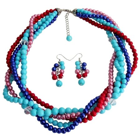 NS1337 Summer Beach Multi Color Pearls Five Strand Braided Necklace With Dangling Earrings