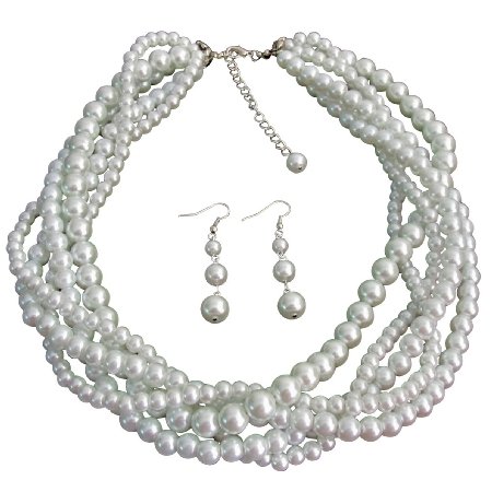 NS1334 White Five Strand Braided Twisted Necklace With Dangling Earrings Bridal Jewelry Set