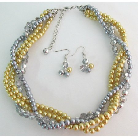 NS1328 Yellow Gray Pearls Twisted Necklace Earrings Wedding Bridesmaid Necklace Bridal Gift