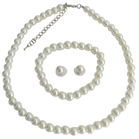 NS1396 Complete Wedding Statement Ivory Necklace Stud Earrings Stretchable Bracelet