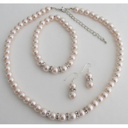 NS1412 Blush Pink Pearl Rhinestones Necklace Earrings Bracelet Wedding Set