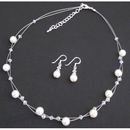 NS1437 Ivory Pearl Clear Crystals Floating Necklace Set