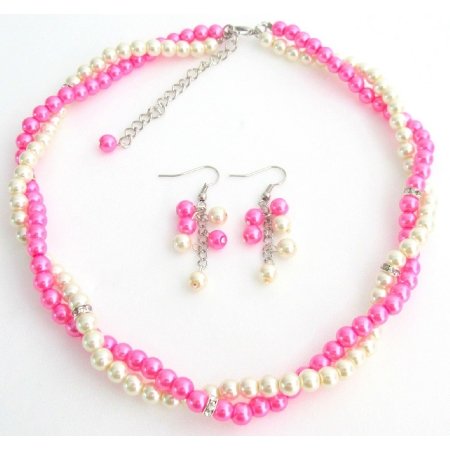NS1413 Hot pink Ivory Bridesmaid Jewelry Set Necklace Earrings Set with Rhinestone Spacer