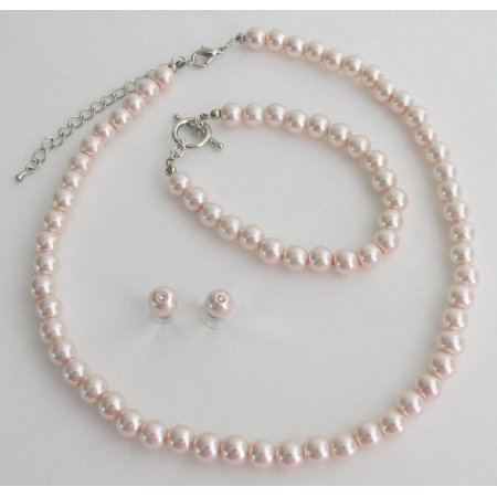 NS1428 Blush Pink Pearl Necklace Earrings Braceket Wedding Bridesmaid Jewelry