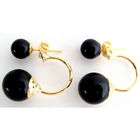 UER756 Ear Jacket Earrlngs Gold Post Earrings Black Pearl Gold Post Earrings