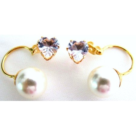 UER761 Gorgeouse Beautiful CZ Heart Ivory Pearl Ear Jacket Earrlngs Valentine Holiday Gift