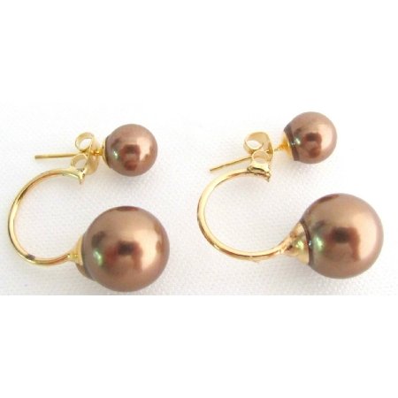 UER798 Double Pearl Ear Jacket Earring Beautiful Brown Color