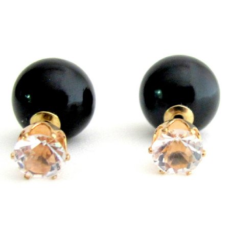 UER758 Round CZ Cut with Black Pearl Double Sided Earring Prom Earrings