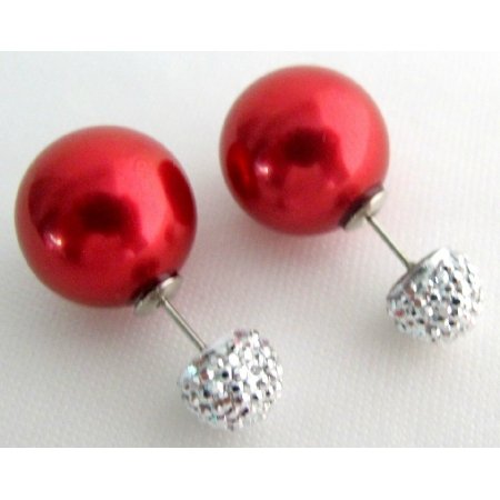 UER736 Front And Back Double Pearl Post Stud Earrings Red Pearl Pave Ball