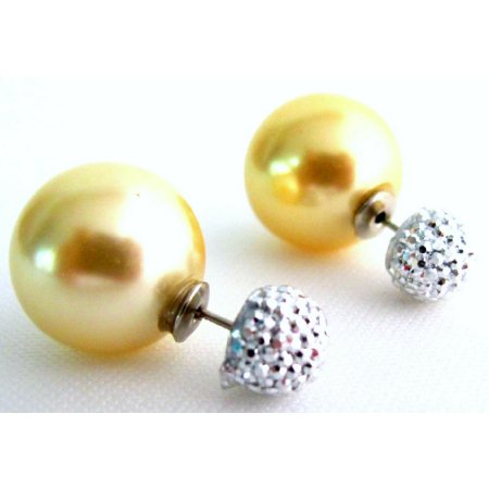 UER733 Timeless Beauties Yellow Pearl Double Sided Stud Earrings Pave Ball Earrings