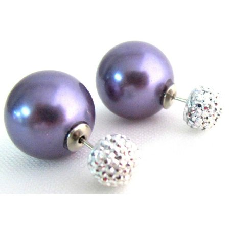 UER732 Classic Elegant Double Sided Stud Earrings Purple Pearl Pave Ball Earrings