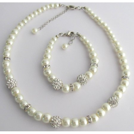 GC415 Pearl Necklace Bracelet Pave Ball Rhinestones Jewelry Ivory Pearl Set