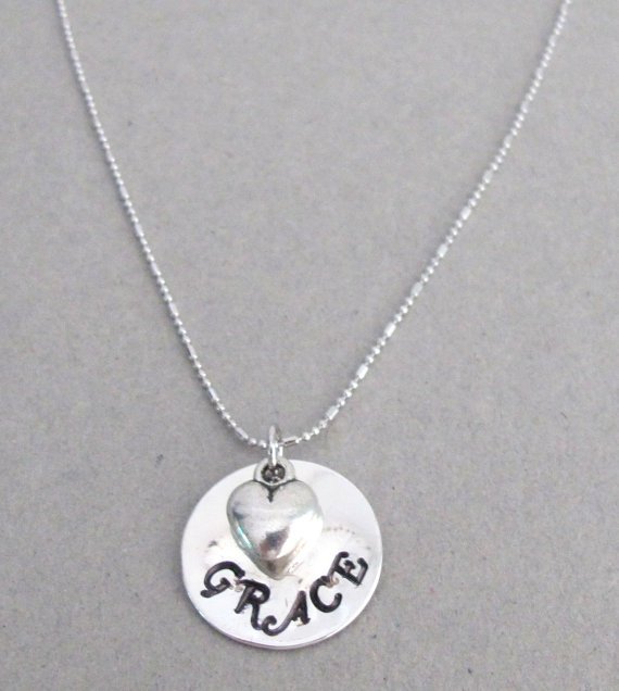 Hand stamped Name Pendant Necklace Child Name with Puffy Heart