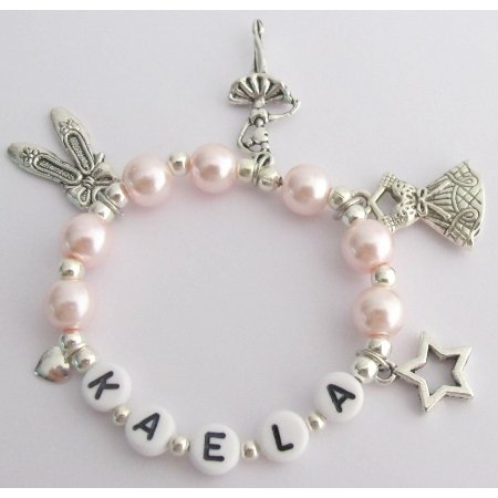 GC449 Recital Gift Ballet Bracelet Blush Pink W/ Multiple Ballet Charms