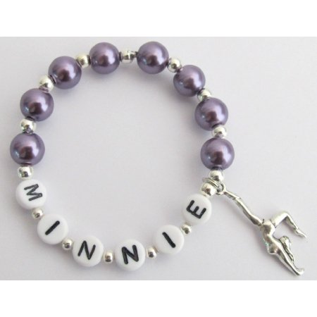 GC401 Gymnastics Charm Name Bracelet Dark Purple Pearls Bracelets