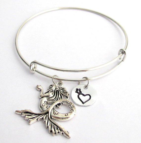 Mermaid Bangle Monogram, Initial bracelet Adjustable Expandable Bracelet